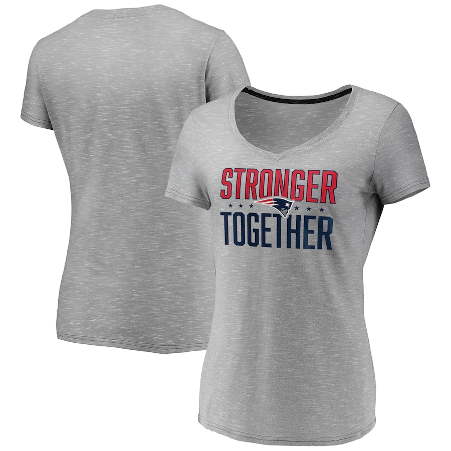 Women's New England Patriots Gray Stronger Together Space Dye V-Neck T-Shirt(Run Small)
